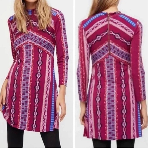 Free People Stella Printed Pink Purple Graphic A Line Mini Dress size L - Picture 1 of 7
